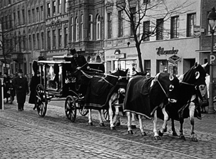 Eine Aufnahme aus dem Jahre 1955, als der damalige Dechant Peter Thelen zum letzten Geleit mit unserem Vierspänner durch die Straßen seiner Pfarre St. Josef in Aachen gefahren wurde.